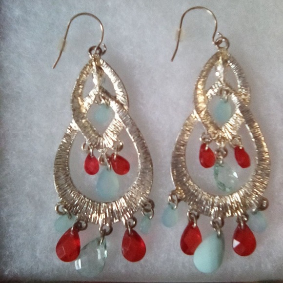 Bohemian Teardrop Earrings Red Green Blue Beaded Chandelier Dangle - Picture 3 of 6